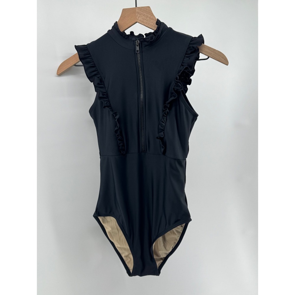 Mott50 Bella Swimsuit Women XS Black Ruffle High Neck UPF 50 Zip One Piece Swim